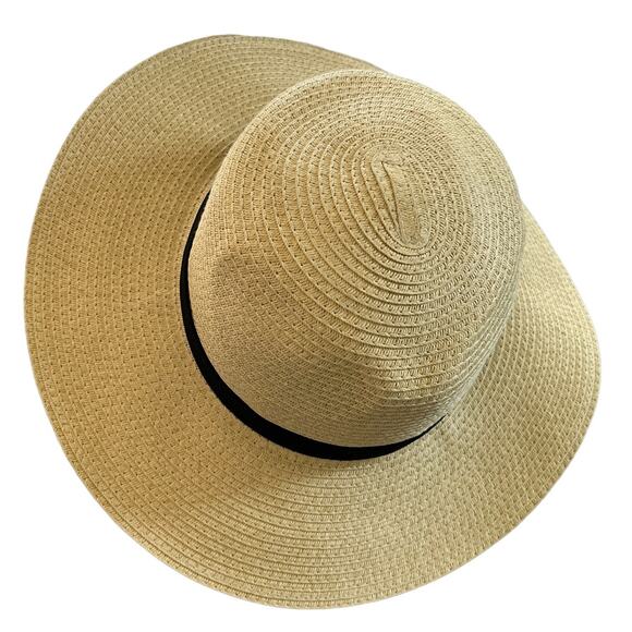 J Crew Womens Packable Sun Hat M-L Natural Tan Black Ribbon - Picture 3 of 10